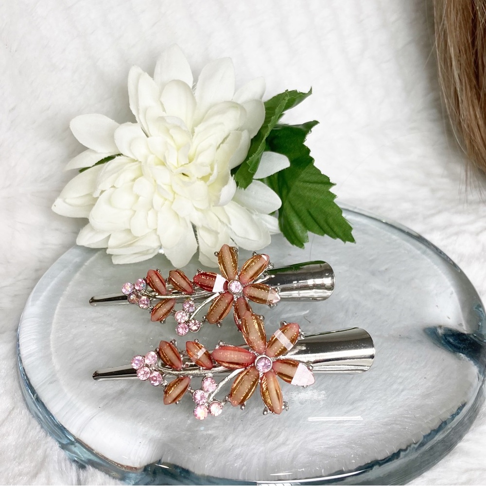Crystal Floral Beaded Alligator Hair Clips Set Of Two Pink Silver Tone NEW - Picture 3 of 7